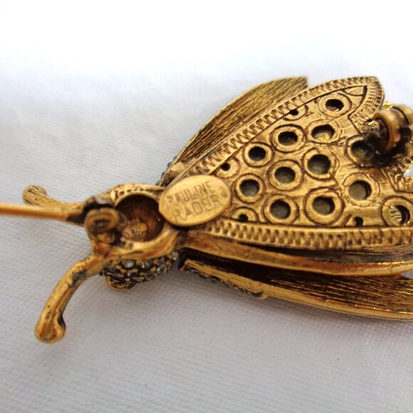 Vintage Pauline Rader signed Trembler Cicada Brooch brass pearl and crystal - Picture 5 of 7